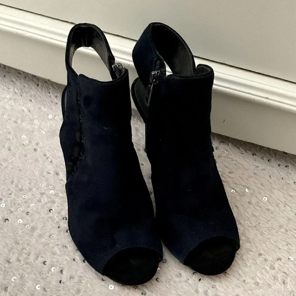 Karen Millen Navy Suede Peep Toe Ankle Booties Stiletto Heels